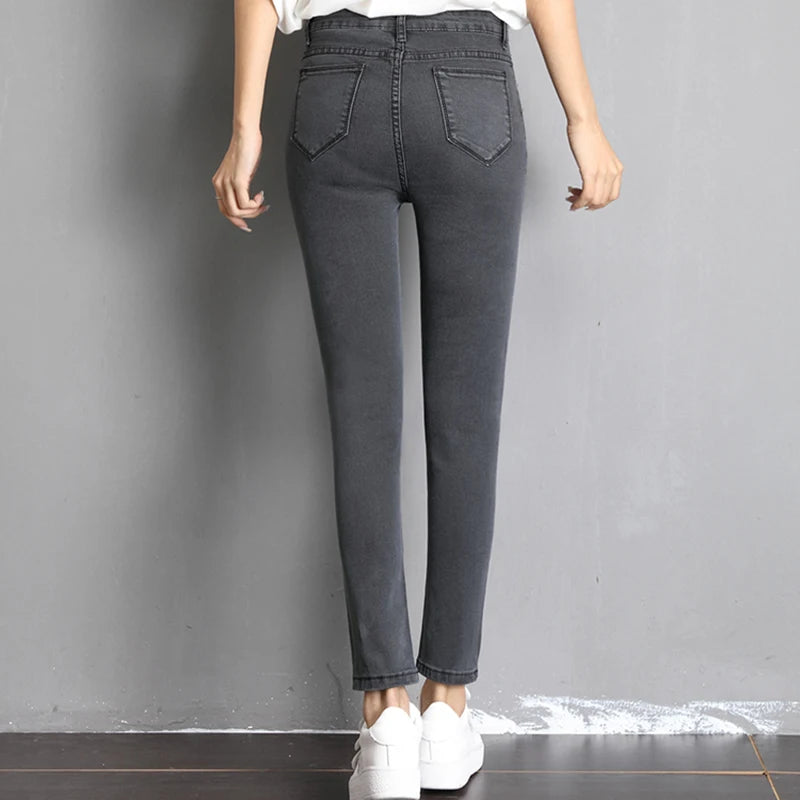 Jeans for Women mom Jeans blue gray black Woman High Elastic 36 38 40 Stretch Jeans female washed denim skinny pencil pants
