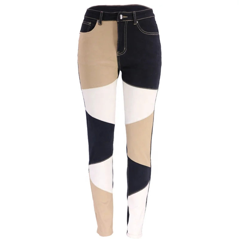 Fashionable Women's High Waist Denim Skinny Leggings High Quality Pencil Jeans Color Block Patchwork 3D Fall Spring Summer