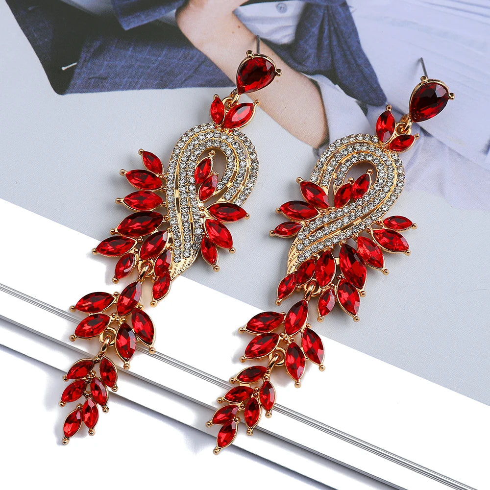 Design Dangle Earrings For Women Girl Luxury Elegant Metal Hollow Chain Leaves Crystal Brincos Pendant Jewelry Ear Accessories