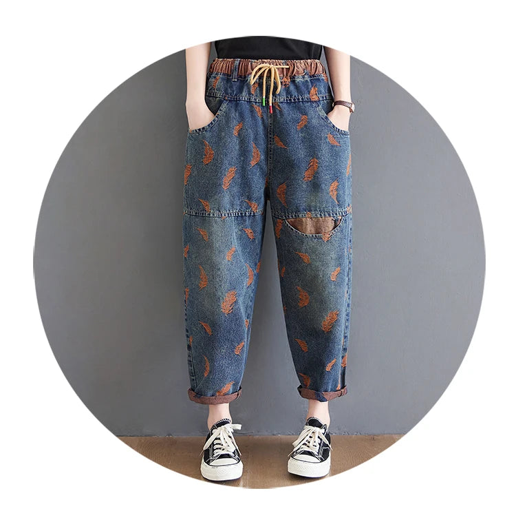 Jeans For Women Spring Street Feather Embroidery Color Contrast Loose Thin Drawstring Pockets Elastic Waist Denim Pants Female