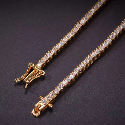 Tennis Necklace & Bracelet for Women – 2mm Pave Zircon Chain, Gold-Plated Brass, 6–20 Inch Lengths