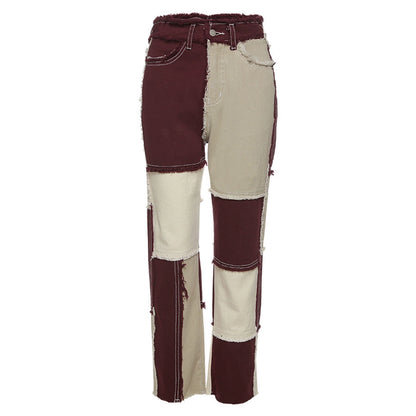 Heathered Panel High-Rise Straight-Leg Jeans Mixed Color Patchwork Denim Female