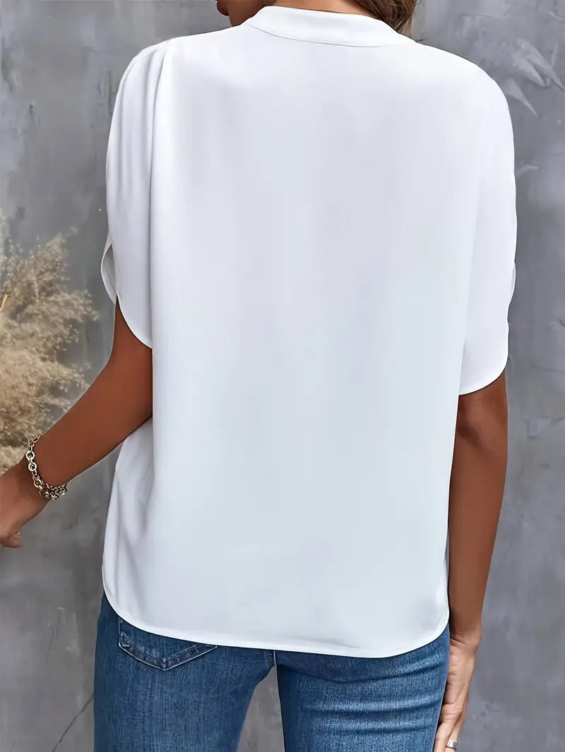 Summer Tops For Women Blouse 2024 Fashion Short Sleeve Solid V Neck Loose Shirts And Blouses Elegant Laies White Tops