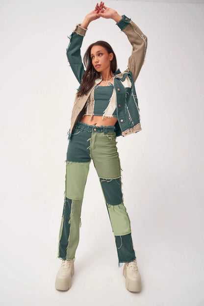 Heathered Panel High-Rise Straight-Leg Jeans Mixed Color Patchwork Denim Female