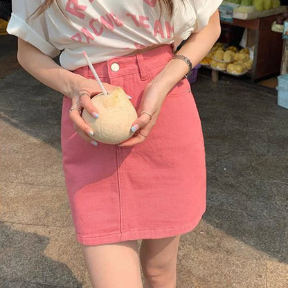 JMPRS Sweet Pink Women Denim Skirts High Waist Student A Line Korean Solid Mini Skirt Causal Summer Vintage Ladies Jeans Skirt