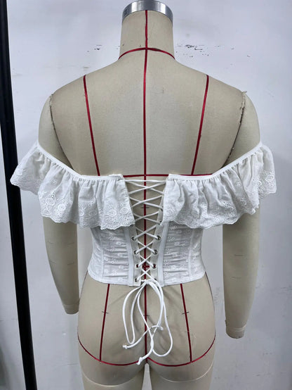 Women Fashion White Jacquard Ruffles Off Shoulder Slim Tank Crop Tops Slash Neck Lace Up Backless Single Breasted Corset Tees