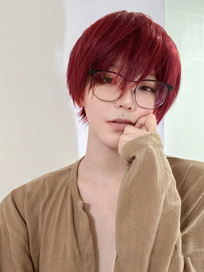 8Inch Wine Red Color Handsome Synthetic Wigs With Bang Short Straight Hair Wig For Man or Women Daily Use Cosplay Heat Resistant