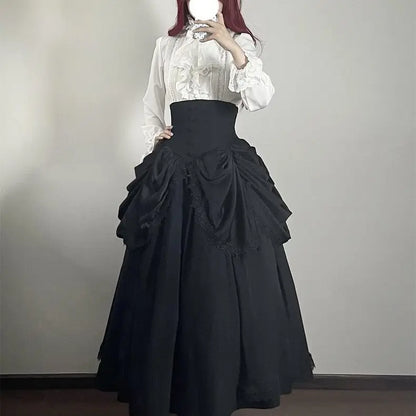 Japanese Skirts for Women 2025 Faldas Mujer De Moda High Waist A-line Jupe Lolita Style Patchwork Lace Vintage Long Skirt 49C903
