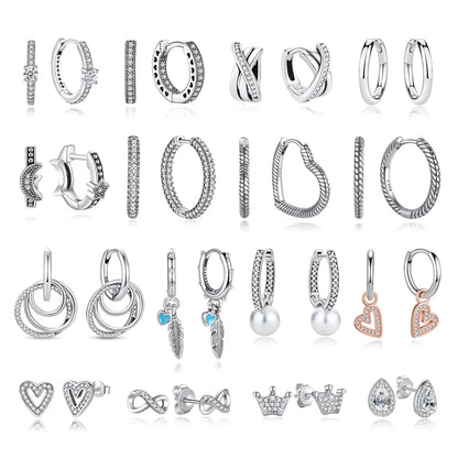 Original 925 Sterling Silver Earrings 2025 Stud Hoop Crystal Earings For Women Rose Gold Crown Heart Infinity Bee Earing Jewelry