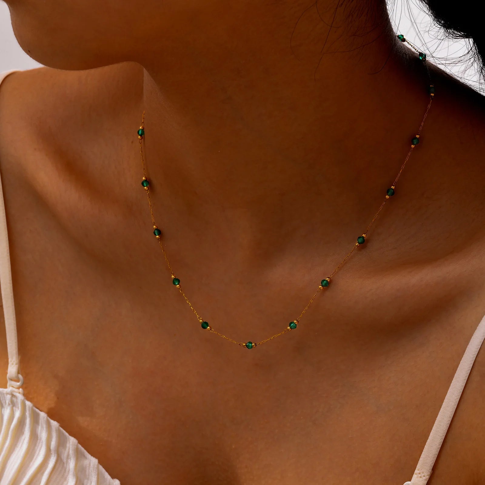 Bohemian Necklace Beaded Strap Chain Women Fashion Lanyard Neck Chain Jewelry Stainless Steel Green/Black Faceted Beads Necklace