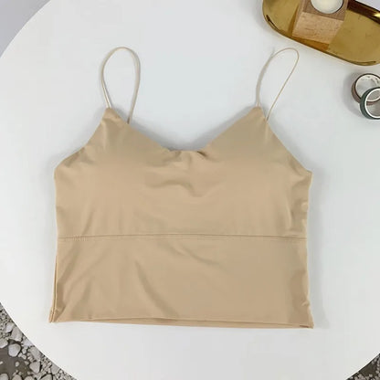 Sexy Women Crop Tops Ice Silk Summer Bra Sports Spaghetti Strap Vest Top Women Built In Bra Off Shoulder Sleeveless Camisole