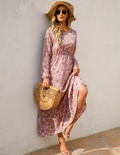 Women Eid Muslim Dresses Tight Waist O Neck Ruffles Spliced Casual Vestidos Flowers Dress Dubai Kaftan Islam Morocco Arab