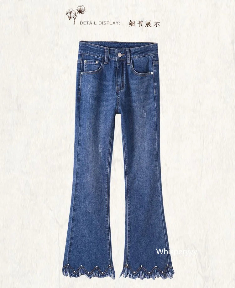Denim Pants For Women Spring And Autumn Elastic Show Nine Points Trousers High Waist Korea Fashion Flared Jeans Female Casual