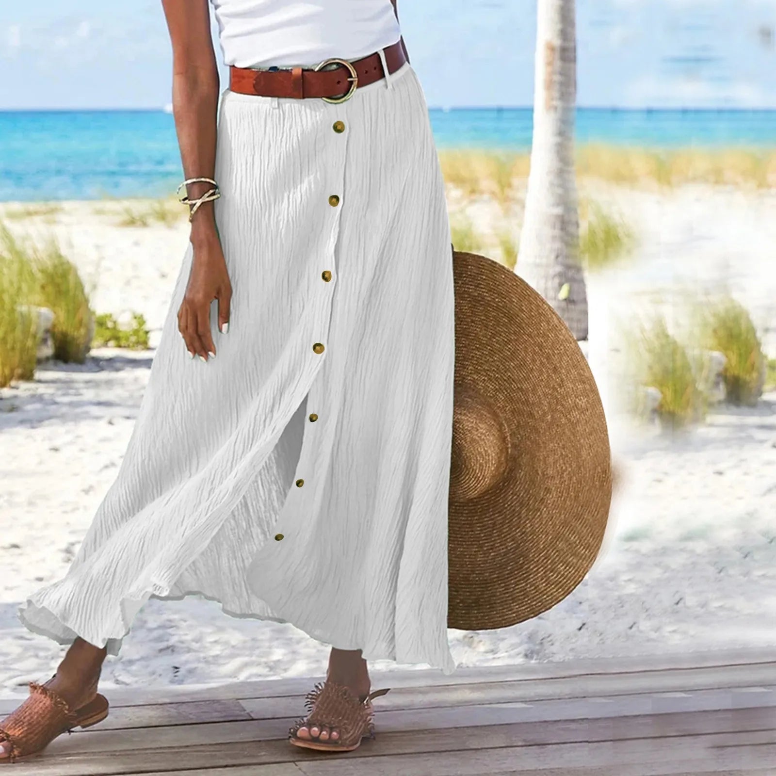 Midi Skirts For Women Bohemian Style Daily And Versatile Half Skirt Fashion Plain Color Basics High Waist Beach Button Dress