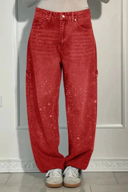 New Women Casual Hot Drilling Jeans Autumn Winter Cowboy Trousers High Waist Button Pockets Fashion Female Loose Straight Pants
