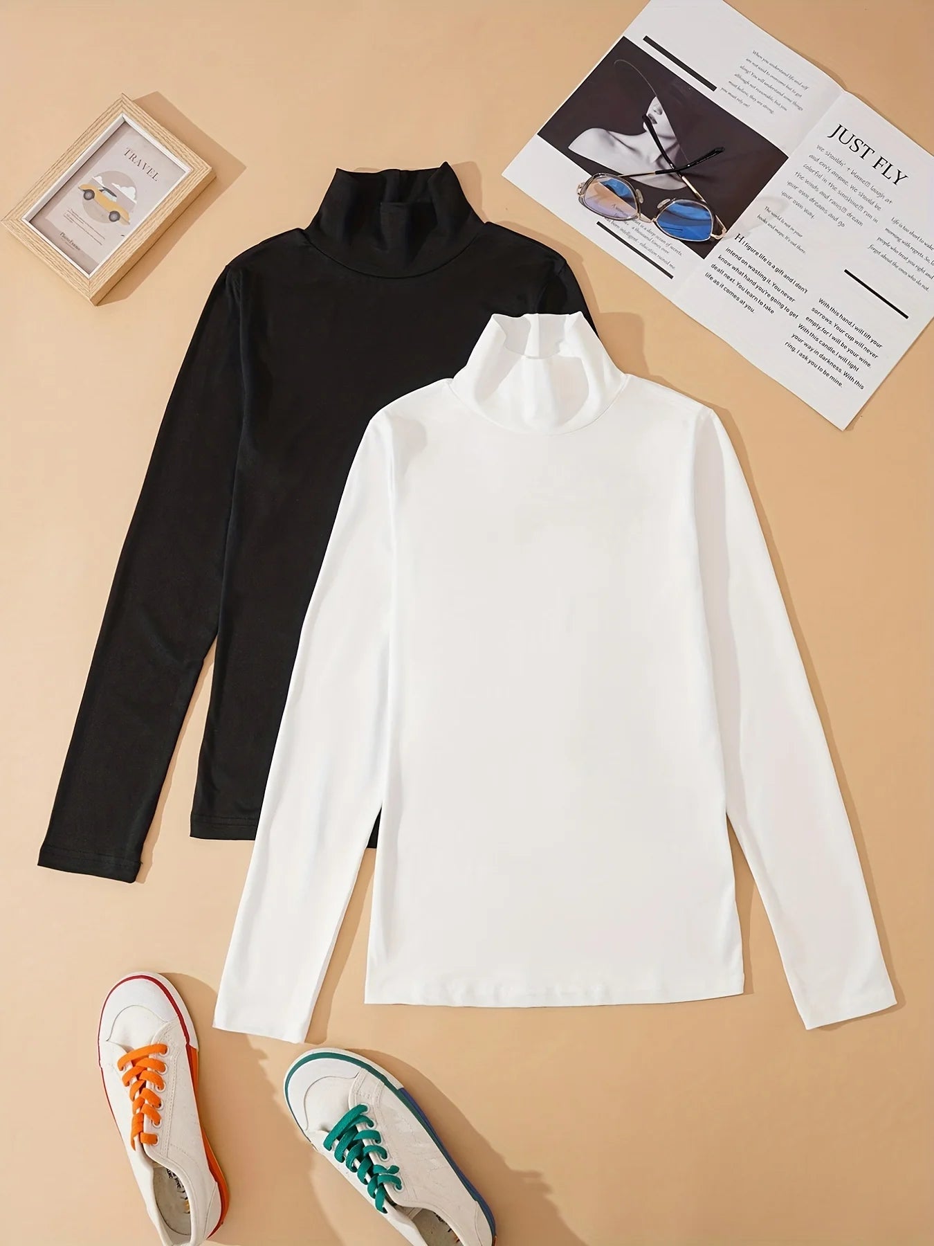Women's Black White BottomTopS T-shirt Long Sleeves