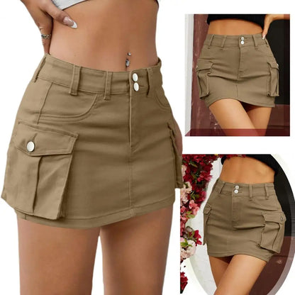 Denim Skirt with Pockets Stylish Women's Denim Cargo Skirt with Button Fly Pockets Low Waist Mini Jean Skirt for Streetwear