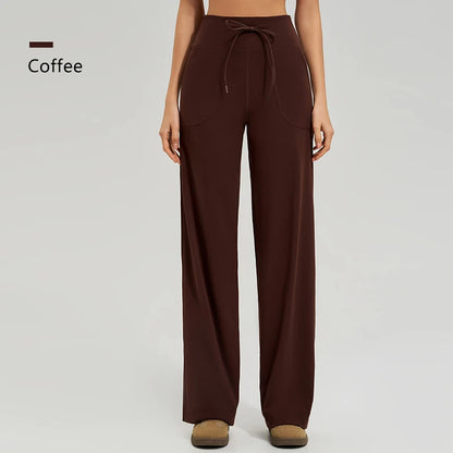 Women's High Waist Yoga Pants Gym Loose Running Yoga Pants Double Side Brushed with Pockets Pants Ties
