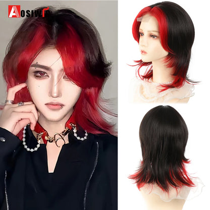 AOSIWIG  Short Curly Cosplay Men Boy Party Light Yellow Synthetic Heat Resistant Hair Wigs Men's Breathable Wig