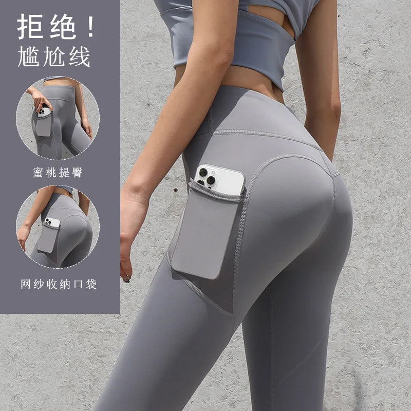 New High Waist Women's Leggings Stretch Yoga Pants Tights With Pockets Push Up Fitness Running Sportswear Solid Color Pants
