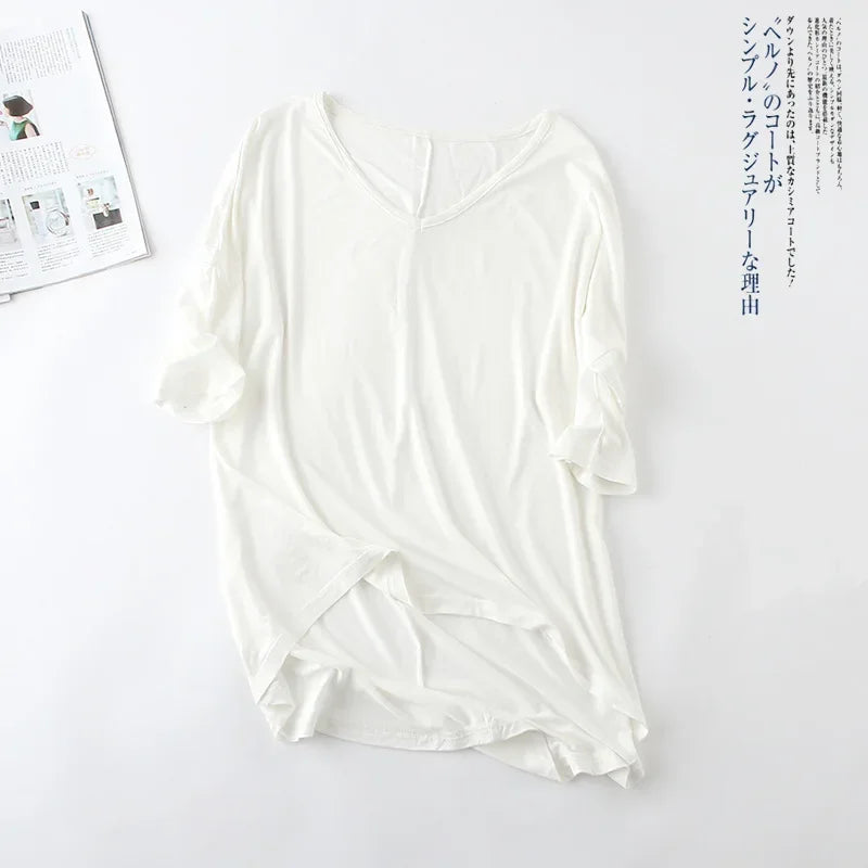 Fashion Tops Tees 2025 Summer T-shirt Women Half-Sleeve Solid Loose Shirt V-neck Oversize Basic Top Shirts for Women Casual