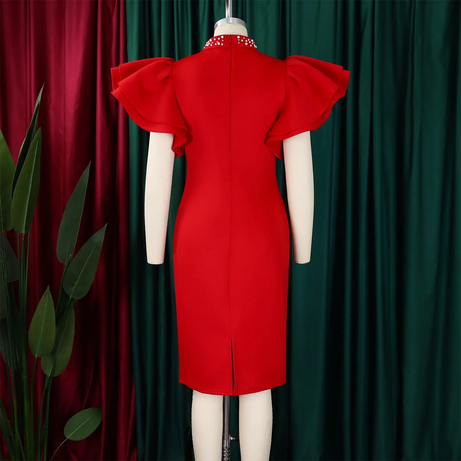 Elegant Dresses for Women O Neck Ruffles Sleeve Beaded Sheath Package Hips Mid Calf Luxury Birthday Party Dinner Vestidos Mujer