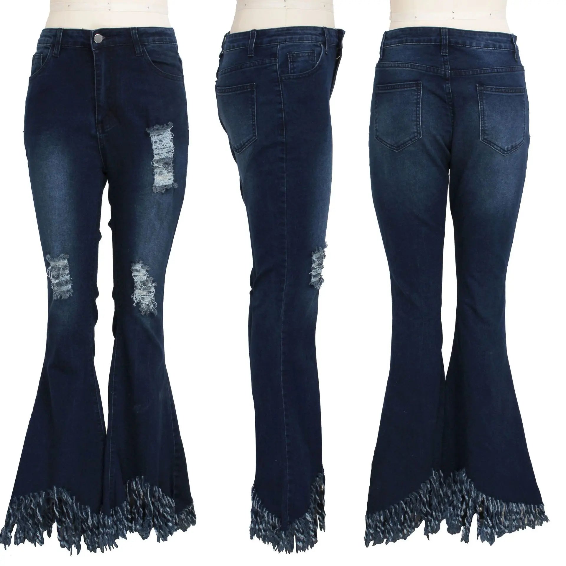 Jeans Women Long Pants Flare Pant Slim Fit Bodycon Y2k Streetwear Casual Elegant Splice Denim Trousers Solid Hole High Waist
