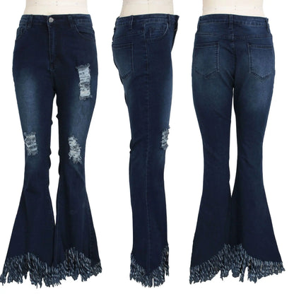 Jeans Women Long Pants Flare Pant Slim Fit Bodycon Y2k Streetwear Casual Elegant Splice Denim Trousers Solid Hole High Waist