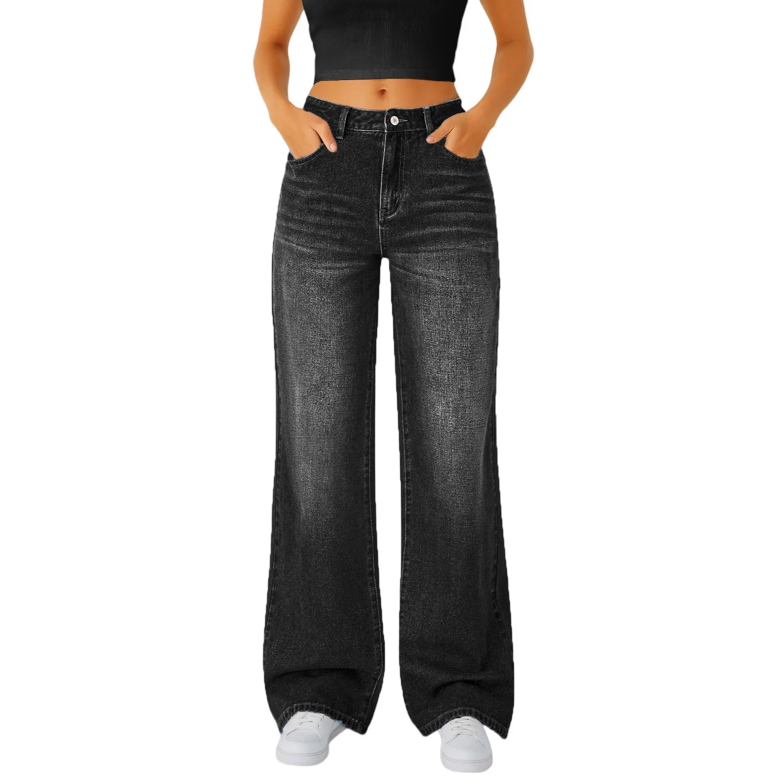 Jeans Women Straight Long Pants Casual Floor Length Mom Pant Blue High Waist Elegant Zipper Fly Pockets Slim Y2k Denim Trousers