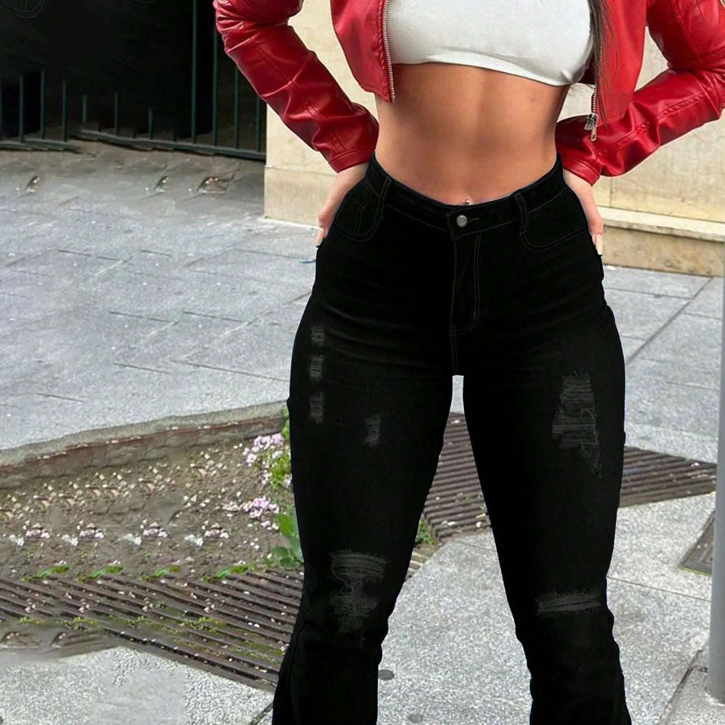 2025 New Spring Women's Ripped Jeans Cotton Slim High Waist Solid Color Sexy Denim Pants Fashion Street Flared Pants