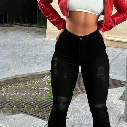 2025 New Spring Women's Ripped Jeans Cotton Slim High Waist Solid Color Sexy Denim Pants Fashion Street Flared Pants