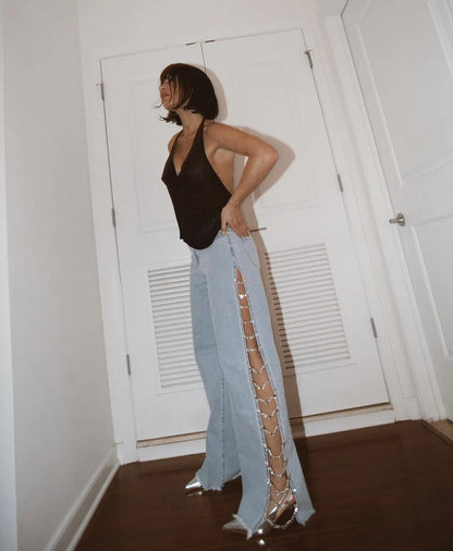 High Waist Ripped Jeans for Women Summer Thin Side Slit Pants Women Denim Long Jeans with Drill Chains Straight Wide-leg Jeans