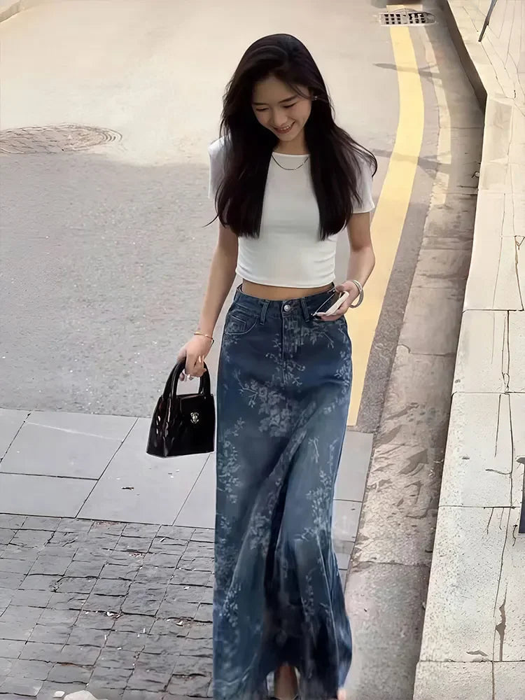 Women Vintage Pattern Printing Denim Skirt Female Long Skirt 90s Fashion Vintage Gradient A-line Jean Skirt Summer Clothes