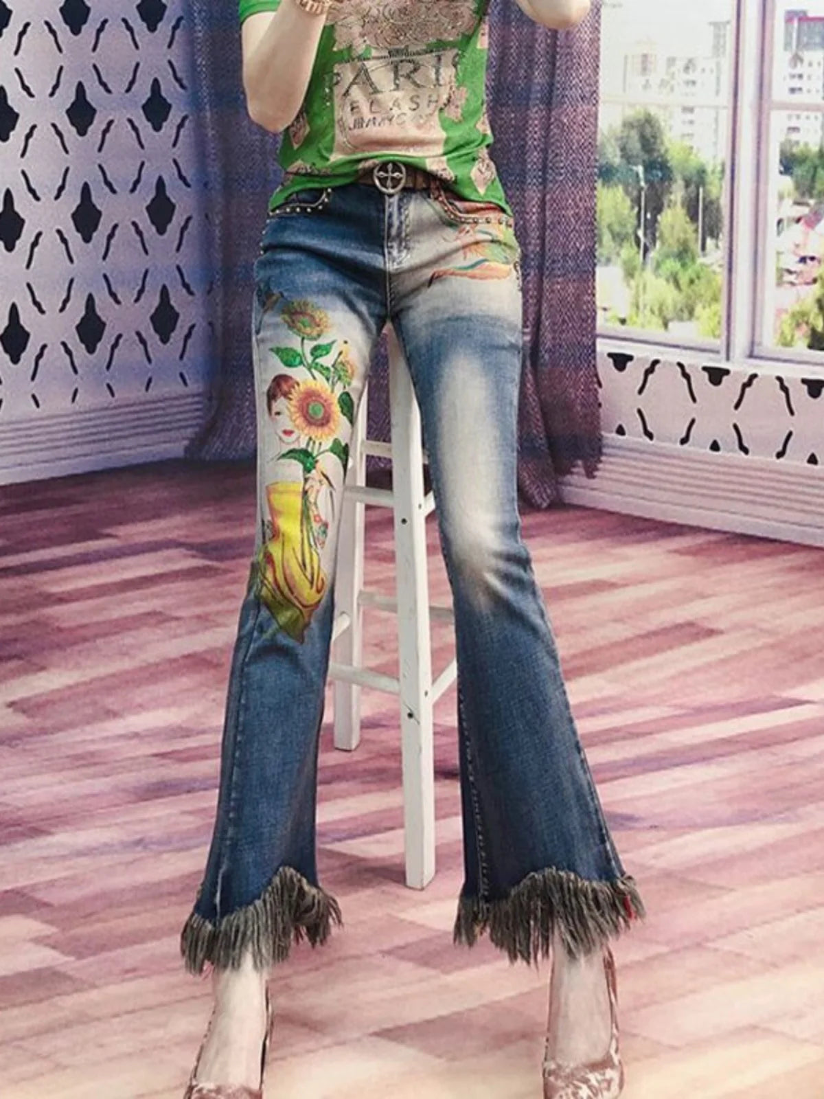 Beaded jeans for women with Rivet and diamond-encrusted casual street fashion cotton slim Flare Pants