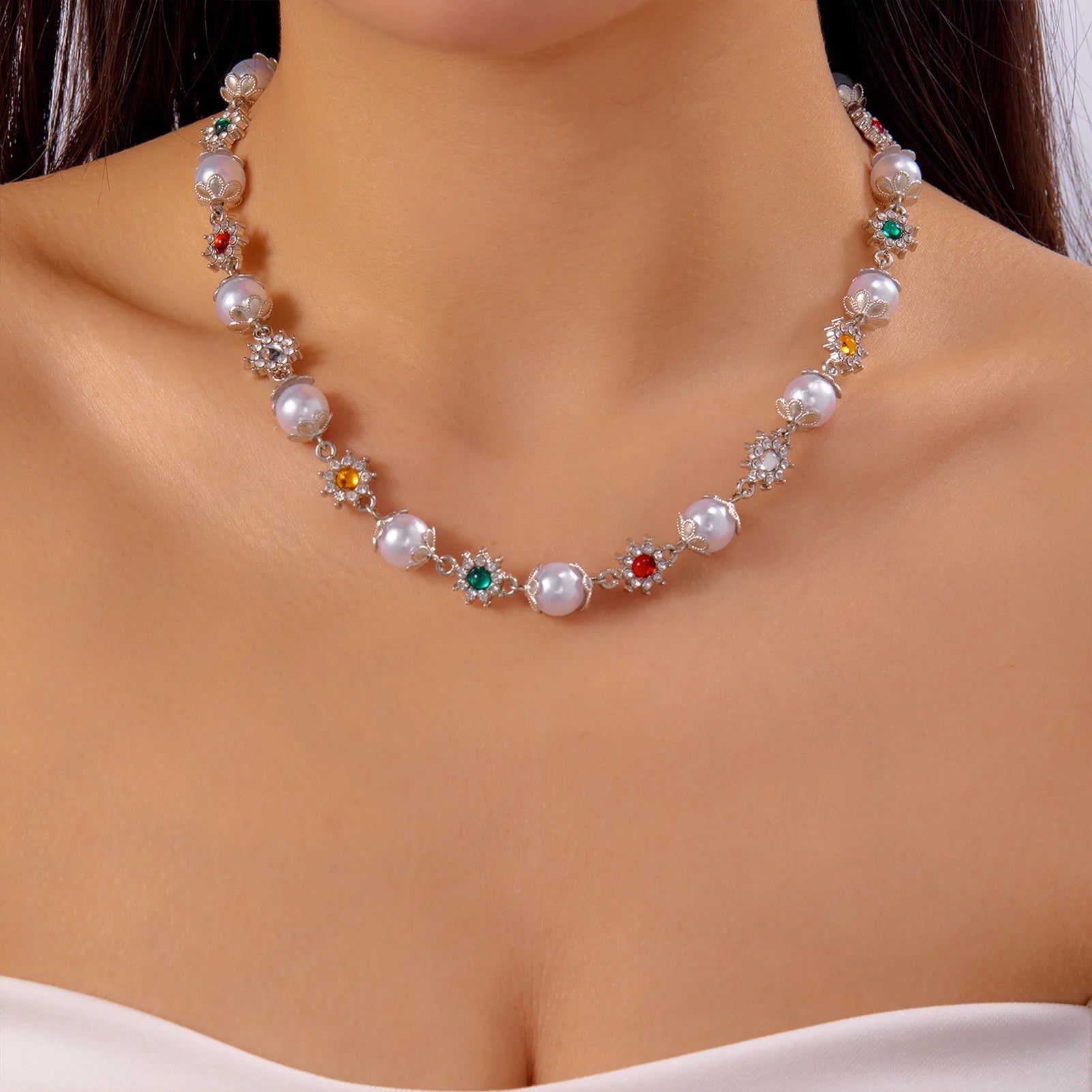 2025 New Flower Necklace For Women Trendy Pearl Patchwork Colorful Flower Neck Chain Light Luxury Jewelry Neck Accessories