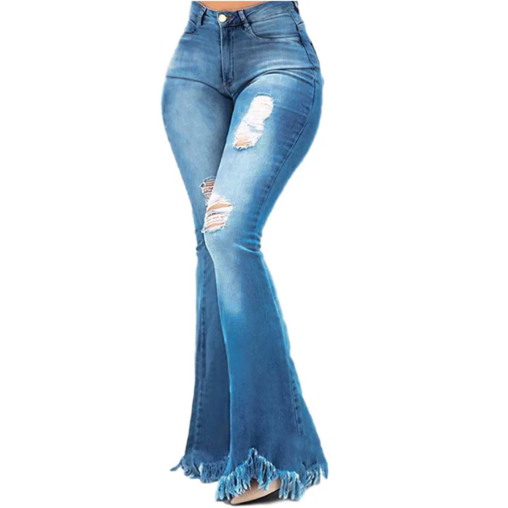 Jeans Women Long Pants Flare Pant Slim Fit Bodycon Y2k Streetwear Casual Elegant Splice Denim Trousers Solid Hole High Waist