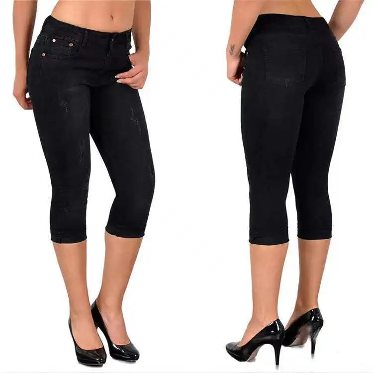 2025 Women's Summer Skinny Denim Pants Jeans Mid Waist Stretch Capri Pants Knee Length Trousers Black Blue Ladies Pencil Pants