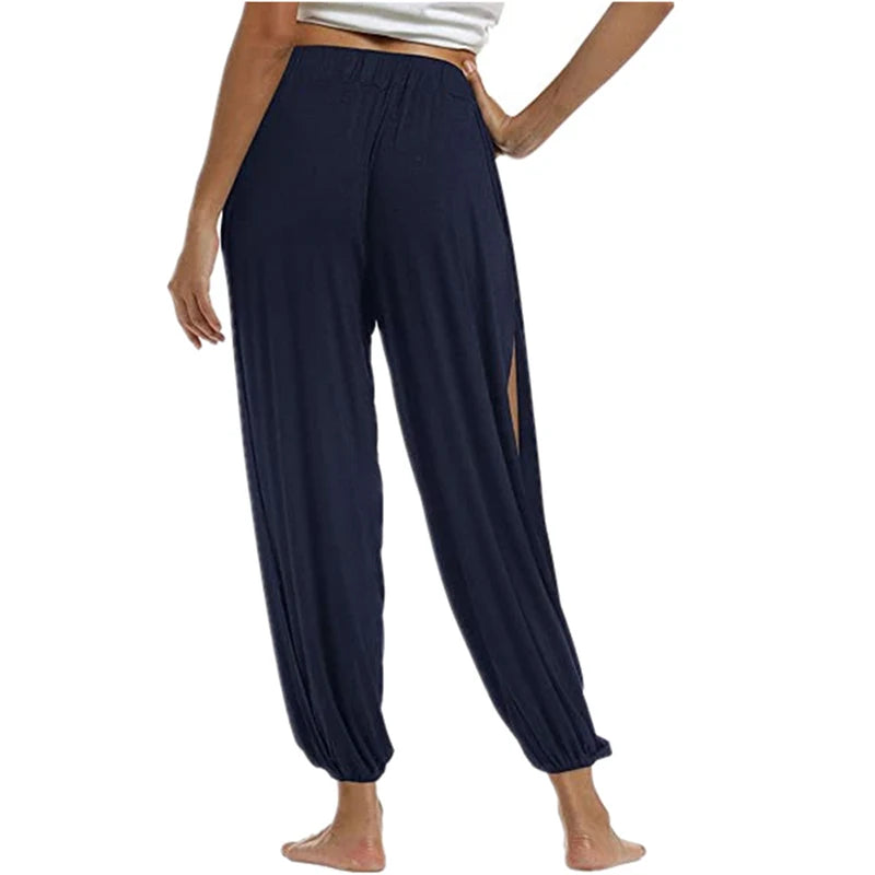 Women Sports Yoga Pants Summer High Slit Haren Pants Solid Loose Hippie Harem Wide Leg Pants Trousers