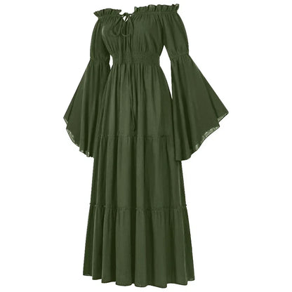 Women Renaissance Irish Dress Off Shoulder Medieval Peasant Dress Pirate Costume Wench Retro Gown Smocked Waist Maxi Long Dress