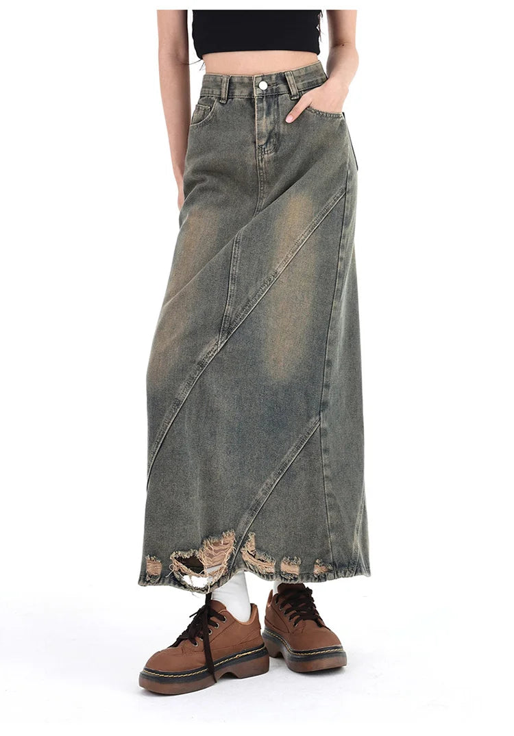 Women Denim Skirt Y2k Emo 2000s Clothes Long Skirt Harajuku Korean 90s Fashion Vintage Gradient A-line Jean Skirt Grunge Clothes