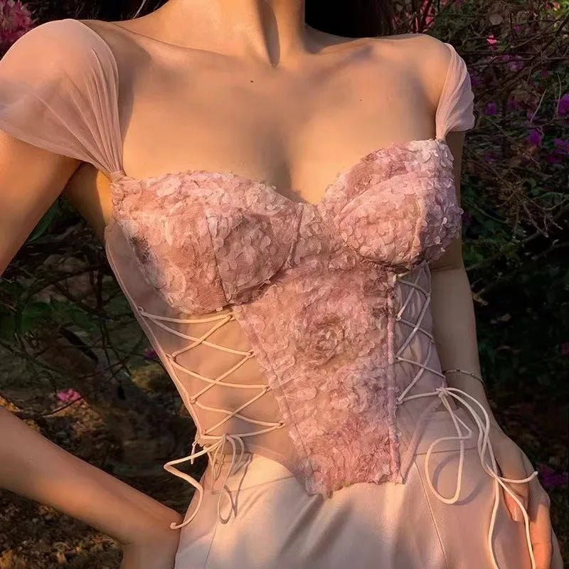 Women Corset Top Y2K Clothes Lolita Ruffles Flower Lace Tank Top Summer French Tube Tops Cute Clothes Pink Crop Tops