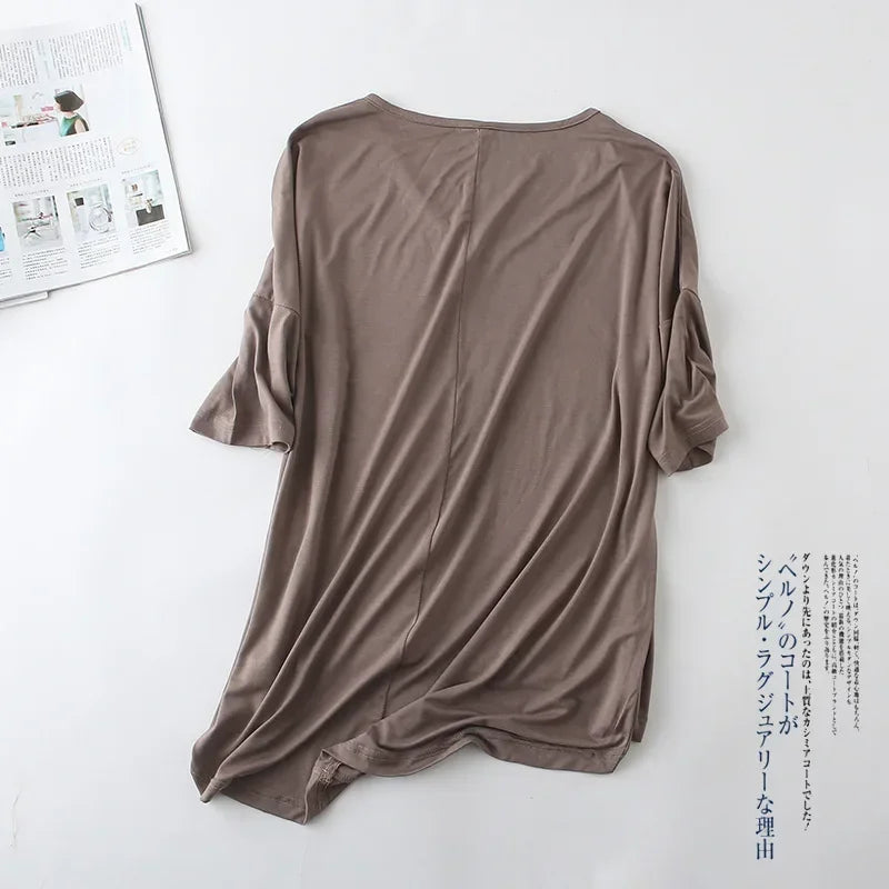 Fashion Tops Tees 2025 Summer T-shirt Women Half-Sleeve Solid Loose Shirt V-neck Oversize Basic Top Shirts for Women Casual