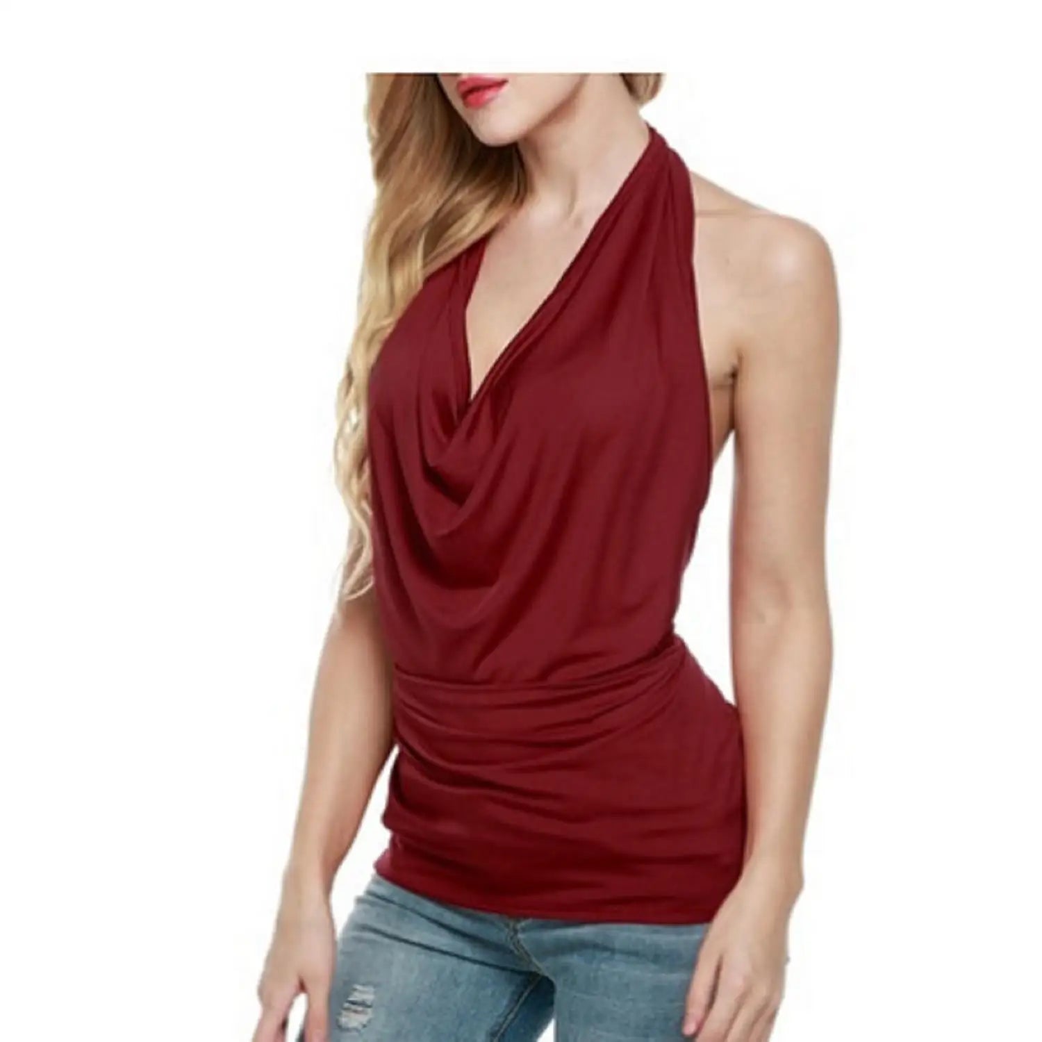 Tank Top Women Drape V Neck Sexy Tanks Camis Skinny Backless Pink Corset Tee Shirt Femme Tops Woman T-shirt