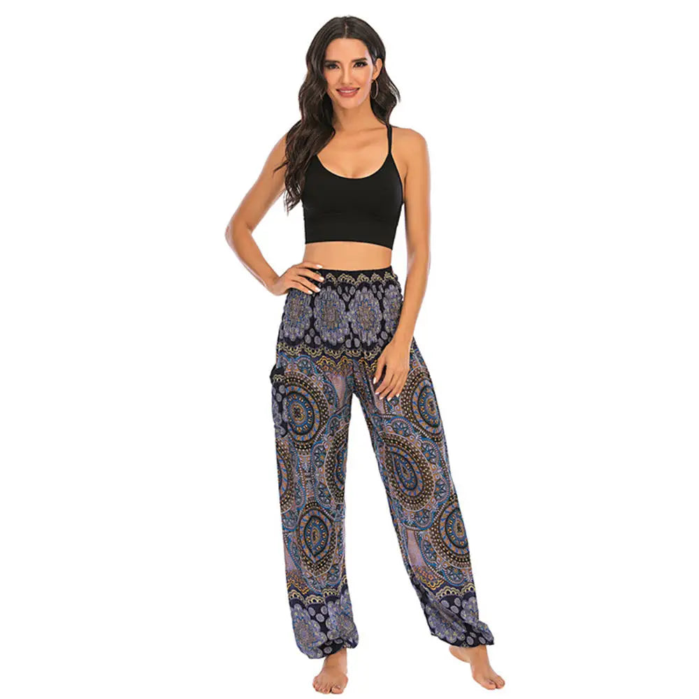 Women's Yoga Pants Printed Ethnic Style Loose Yoga Trousers Bloomers High Waist Fitness Sports Crotch Dance Palazzo Sweatpants