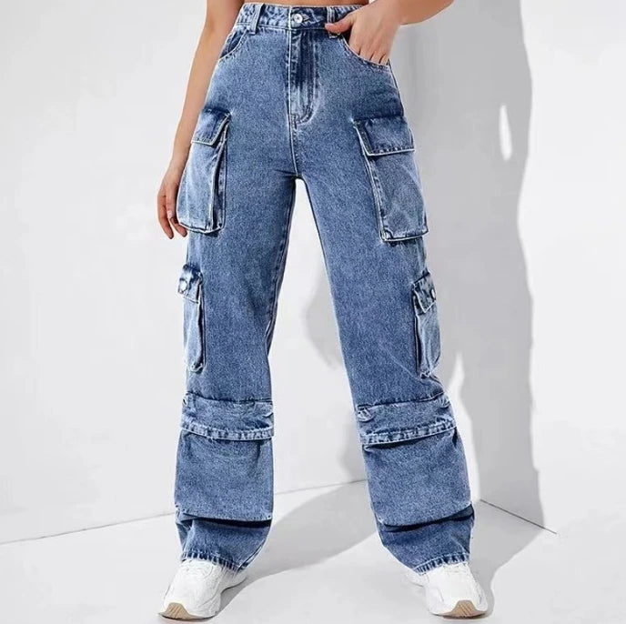 Women's Jeans Trousers 2025 Autumn Winter Latest High Waisted Flip Pants Loose Fit Pants Denim Multi Pocket Pants Long Pants