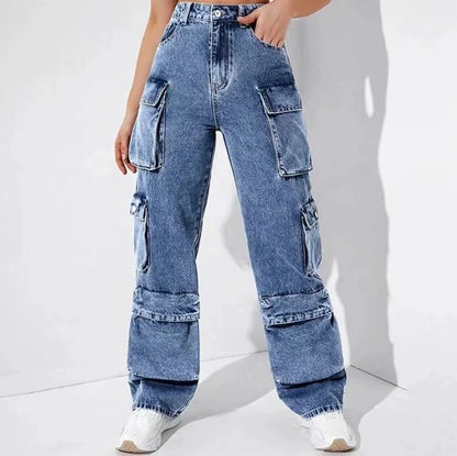 Women's Jeans Trousers 2025 Autumn Winter Latest High Waisted Flip Pants Loose Fit Pants Denim Multi Pocket Pants Long Pants
