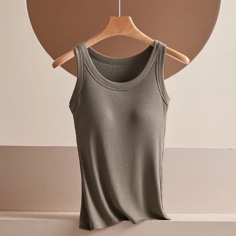 Women's Vest Tops With Built In Bra Neck Vest Padded Slim Fit Tank Tops Sexy Shirts Feminino Casual Underlay Shirt Slimming