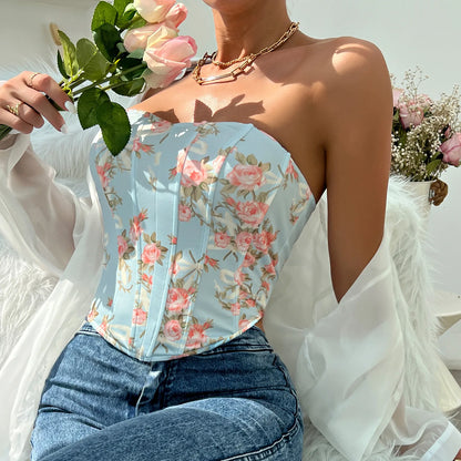 Women Floral Top Sexy Spicy Girl Tank Top Low cut Open Back Flower Wrapped Chest Diamond Fish Bone Strap Waist Vest Tank Top