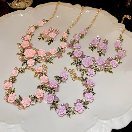 Flowers and leaves set with diamonds and pearl earrings and necklace set