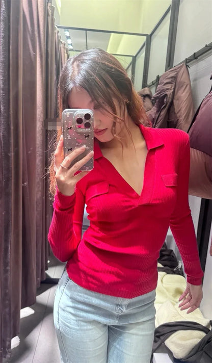 Women's Tops New Fall 2025 Solid Color Long Sleeve Lapel Slim Knit Top Sexy V-Neck Design Casual Fashion Personality Versatile